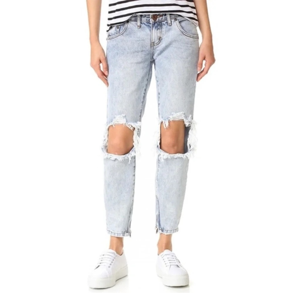 Revolve One Teaspoon Freebird Skinny Jeans Straight Leg distressed light wash 25